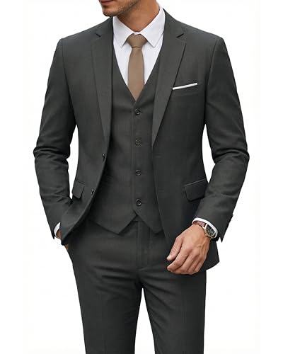 Men's 3 Piece Suit with Tie, Solid Color Slim Fit Jacket Vest and Pants, Deep Grey