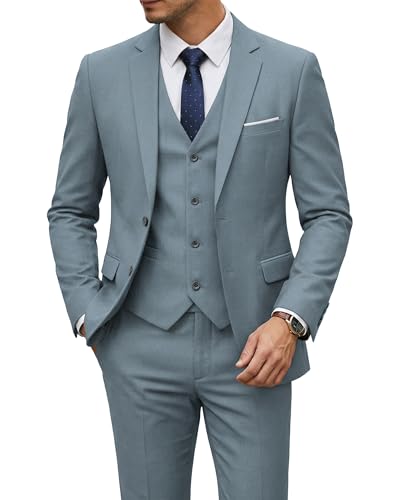 Men's 3 Piece Suit with Tie, Solid Color Slim Fit Jacket Vest and Pants, Grey Blue