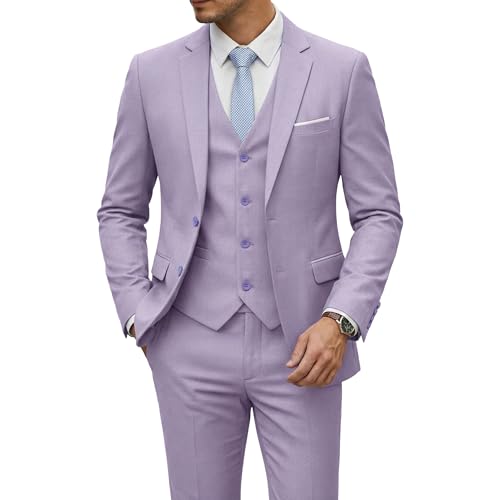 Men's 3 Piece Suit with Tie, Solid Color Slim Fit Jacket Vest and Pants, Lavender