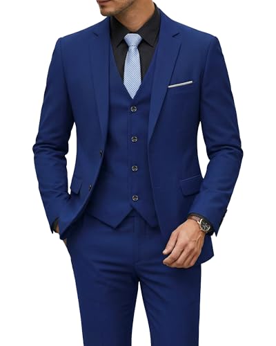 Men's 3 Piece Suit with Tie, Solid Color Slim Fit Jacket Vest and Pants, Sapphire