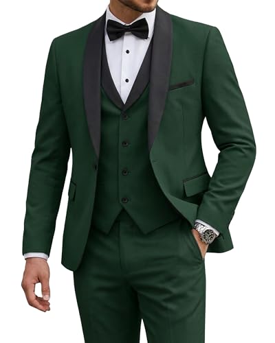 Men's 3 Piece Tuxedo Set with Tie, Shawl Lapel Suit Blazer Vest Pants, Deep Green (530)