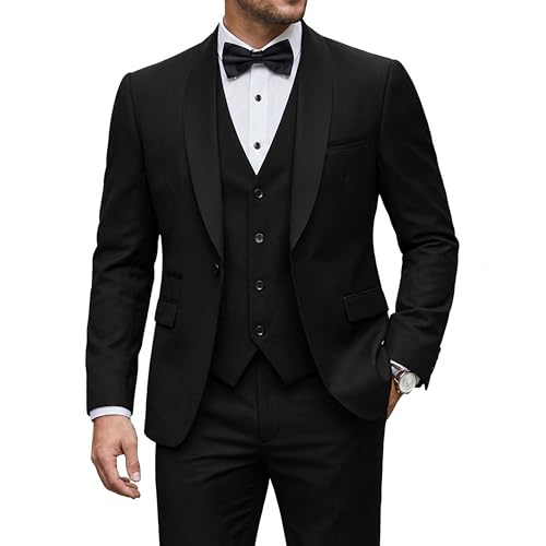 Men's 3 Piece Tuxedo Set with Tie, Shawl Lapel Suit Blazer Vest Pants, Midnight Black