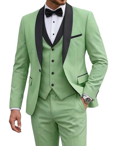 Men's 3 Piece Tuxedo Set with Tie, Shawl Lapel Suit Blazer Vest Pants, Sage Green (530)