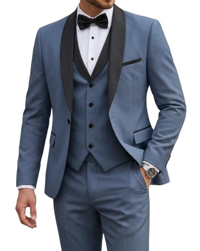 Men's 3 Piece Tuxedo Set with Tie, Shawl Lapel Suit Blazer Vest Pants, Smoky Blue (530)