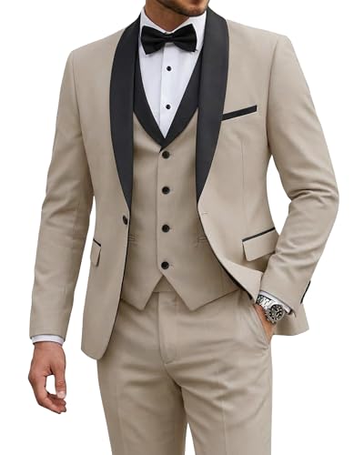 Men's 3 Piece Tuxedo Set with Tie, Shawl Lapel Suit Blazer Vest Pants, Beige (530)