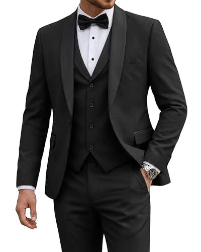 Men's 3 Piece Tuxedo Set with Tie, Shawl Lapel Suit Blazer Vest Pants, Black (530)