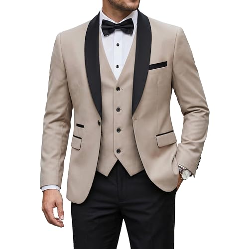 Men's 3 Piece Tuxedo Set with Tie, Shawl Lapel Suit Blazer Vest Pants, Beige