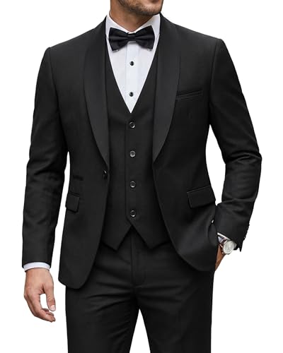 Men's 3 Piece Tuxedo Set with Tie, Shawl Lapel Suit Blazer Vest Pants, Black