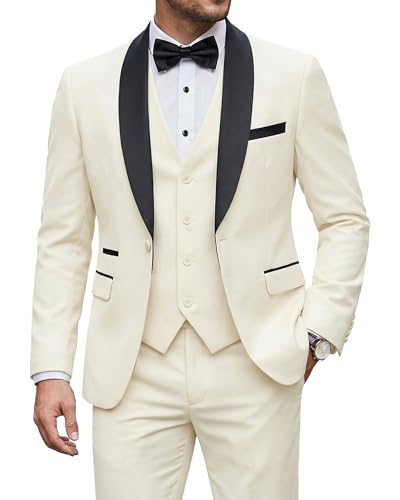 Men's 3 Piece Tuxedo Set with Tie, Shawl Lapel Suit Blazer Vest Pants, Cream