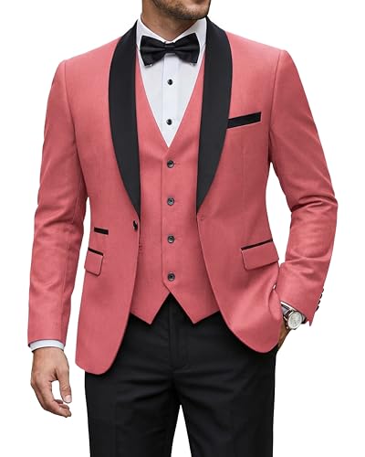 Men's 3 Piece Tuxedo Set with Tie, Shawl Lapel Suit Blazer Vest Pants, Pink