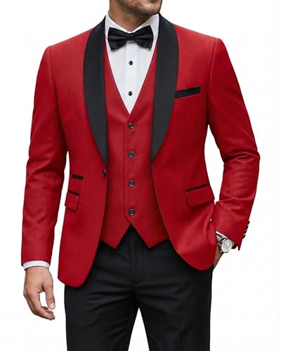 Men's 3 Piece Tuxedo Set with Tie, Shawl Lapel Suit Blazer Vest Pants, Red