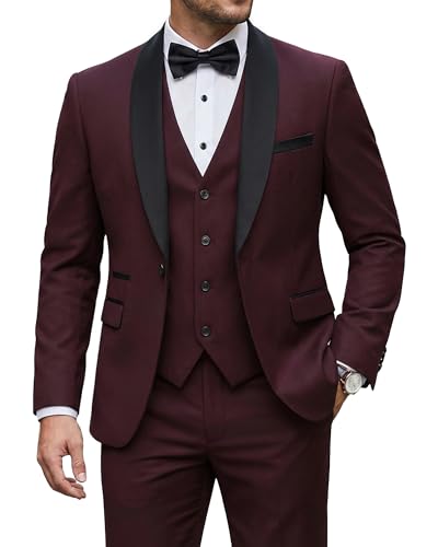 Men's 3 Piece Tuxedo Set with Tie, Shawl Lapel Suit Blazer Vest Pants, Burgundy