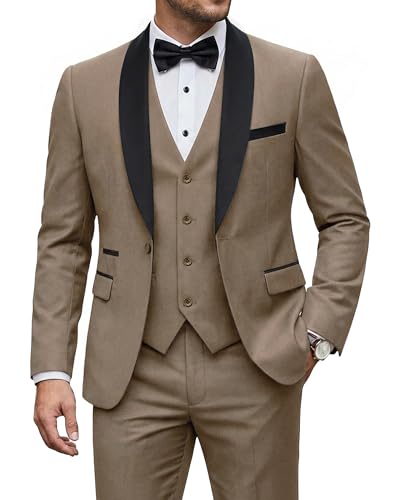 Men's 3 Piece Tuxedo Set with Tie, Shawl Lapel Suit Blazer Vest Pants, Camel Brown