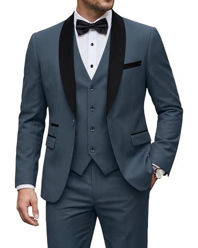 Men's 3 Piece Tuxedo Set with Tie, Shawl Lapel Suit Blazer Vest Pants, Carbon Blue