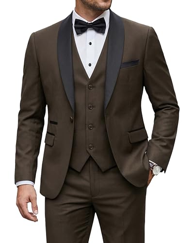 Men's 3 Piece Tuxedo Set with Tie, Shawl Lapel Suit Blazer Vest Pants, Chocolate
