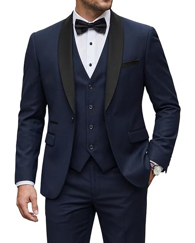 Men's 3 Piece Tuxedo Set with Tie, Shawl Lapel Suit Blazer Vest Pants, Deep Blue