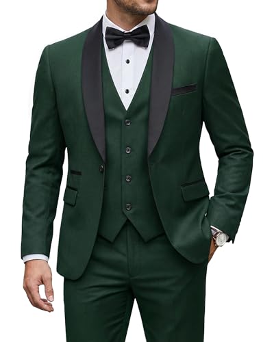 Men's 3 Piece Tuxedo Set with Tie, Shawl Lapel Suit Blazer Vest Pants, Deep Green