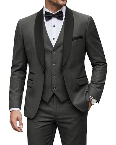 Men's 3 Piece Tuxedo Set with Tie, Shawl Lapel Suit Blazer Vest Pants, Deep Grey