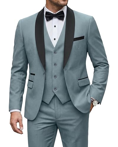 Men's 3 Piece Tuxedo Set with Tie, Shawl Lapel Suit Blazer Vest Pants, Grey Blue