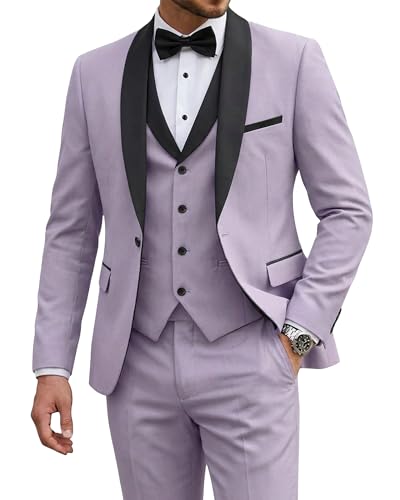 Men's 3 Piece Tuxedo Set with Tie, Shawl Lapel Suit Blazer Vest Pants, Lavender (530)