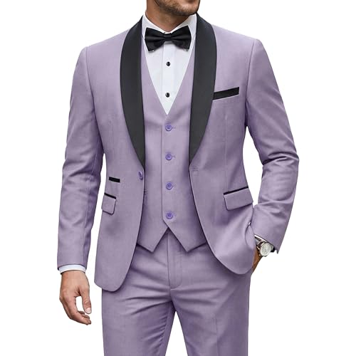 Men's 3 Piece Tuxedo Set with Tie, Shawl Lapel Suit Blazer Vest Pants, Lavender