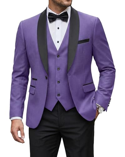Men's 3 Piece Tuxedo Set with Tie, Shawl Lapel Suit Blazer Vest Pants, Light Purple