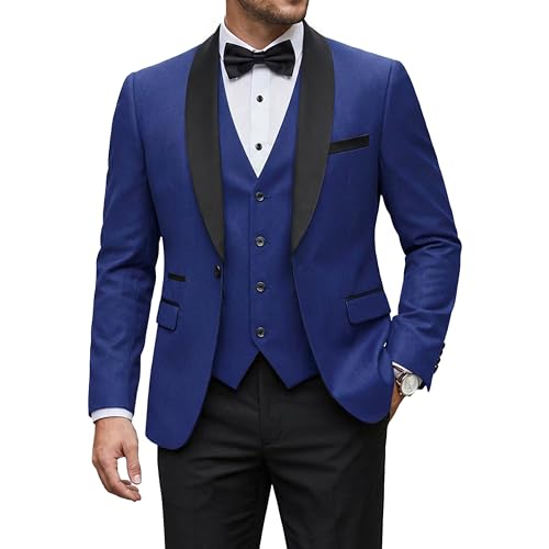 Men's 3 Piece Tuxedo Set with Tie, Shawl Lapel Suit Blazer Vest Pants, Royal Blue