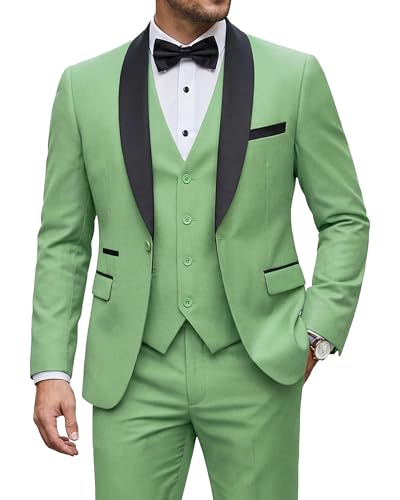 Men's 3 Piece Tuxedo Set with Tie, Shawl Lapel Suit Blazer Vest Pants, Sage Green