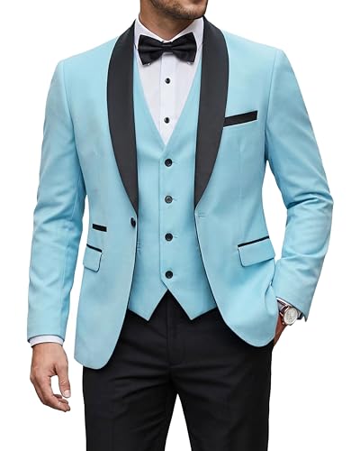 Men's 3 Piece Tuxedo Set with Tie, Shawl Lapel Suit Blazer Vest Pants, Sky Blue