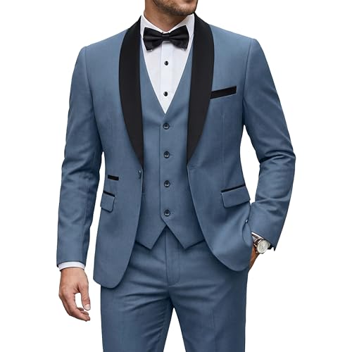 Men's 3 Piece Tuxedo Set with Tie, Shawl Lapel Suit Blazer Vest Pants, Smoky Blue