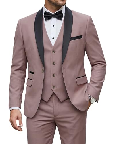 Men's 3 Piece Tuxedo Set with Tie, Shawl Lapel Suit Blazer Vest Pants, Smoky Pink
