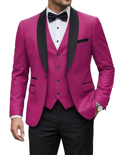 Men's 3 Piece Tuxedo Set with Tie, Shawl Lapel Suit Blazer Vest Pants, Fuchsia