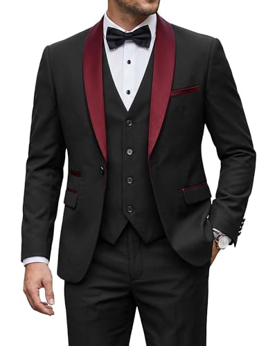 Men's 3 Piece Tuxedo Set with Tie, Shawl Lapel Suit Blazer Vest Pants, Maroon Collar Black
