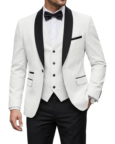 Men's 3 Piece Tuxedo Set with Tie, Shawl Lapel Suit Blazer Vest Pants, Black Collar White