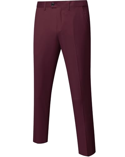 Men's Business Suit Pants Slim Fit Flex Flat Front Pant, Burgundy