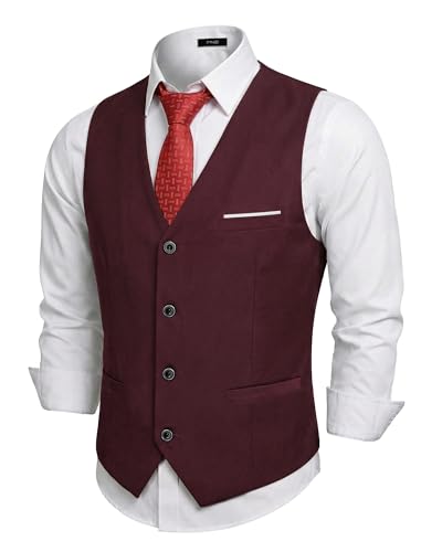 Men's Business Suit Vest Slim Fit Jacket Casual Suit Vests, Burgundy