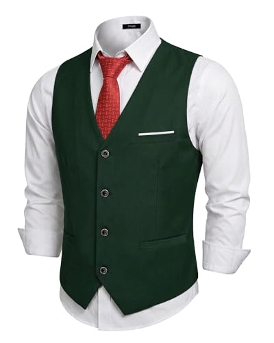 Men's Business Suit Vest Slim Fit Jacket Casual Suit Vests, Deep Green