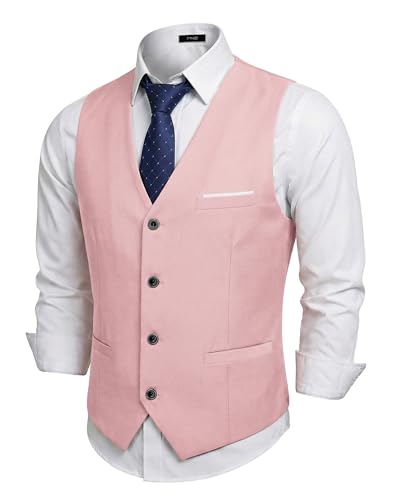 Men's Business Suit Vest Slim Fit Jacket Casual Suit Vests, Light Pink