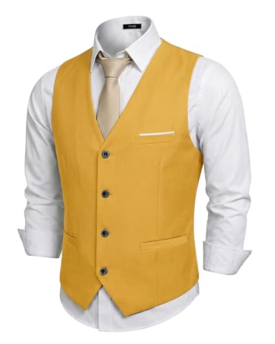 Men's Business Suit Vest Slim Fit Jacket Casual Suit Vests, Yellow