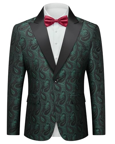 Men's Floral Suit Blazer, Slim Fit Paisley Tuxedo Jacket, Shawl Lapel with Bow Tie for Prom, Dinner, Wedding, Party, Dark Green