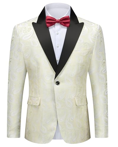 Men's Floral Suit Blazer, Slim Fit Paisley Tuxedo Jacket, Shawl Lapel with Bow Tie for Prom, Dinner, Wedding, Party, Beige