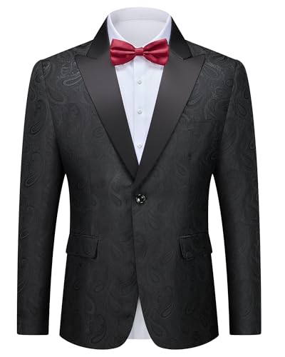 Men's Floral Suit Blazer, Slim Fit Paisley Tuxedo Jacket, Shawl Lapel with Bow Tie for Prom, Dinner, Wedding, Party, Black