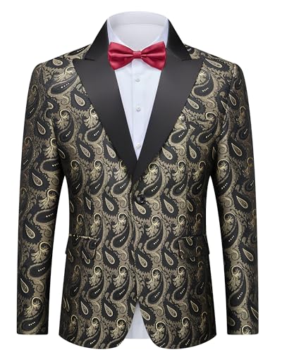 Men's Floral Suit Blazer, Slim Fit Paisley Tuxedo Jacket, Shawl Lapel with Bow Tie for Prom, Dinner, Wedding, Party, Gold