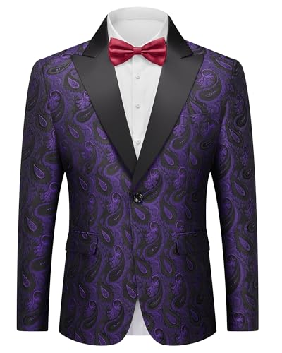 Men's Floral Suit Blazer, Slim Fit Paisley Tuxedo Jacket, Shawl Lapel with Bow Tie for Prom, Dinner, Wedding, Party, Light Purple