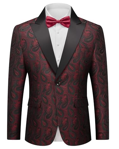 Men's Floral Suit Blazer, Slim Fit Paisley Tuxedo Jacket, Shawl Lapel with Bow Tie for Prom, Dinner, Wedding, Party, Burgundy