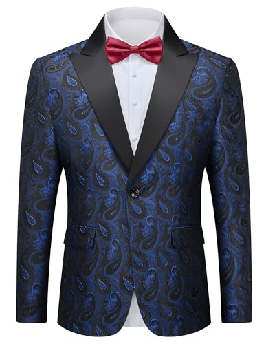 Men's Floral Suit Blazer, Slim Fit Paisley Tuxedo Jacket, Shawl Lapel with Bow Tie for Prom, Dinner, Wedding, Party, Dark Blue