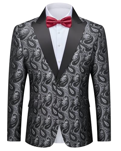 Men's Floral Suit Blazer, Slim Fit Paisley Tuxedo Jacket, Shawl Lapel with Bow Tie for Prom, Dinner, Wedding, Party Dark Gray, Dark Grey