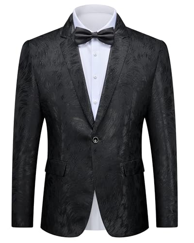 Men's Floral Tuxedo Jacket, French Suit Blazer, Slim Fit with Bow Tie for Wedding, Prom, Dinner, Black