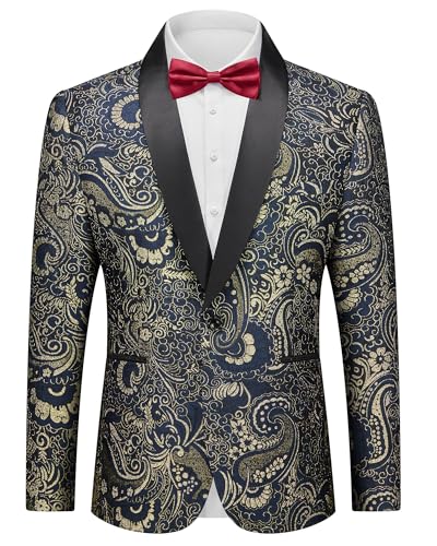 Men's Floral Tuxedo Jacket, Luxury Embroidered Blazer, Dress Suit with Bow Tie for Wedding Party Prom Dinner, Dark Blue