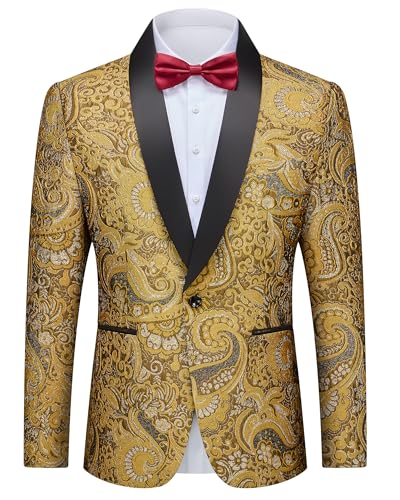 Men's Floral Tuxedo Jacket, Luxury Embroidered Blazer, Dress Suit with Bow Tie for Wedding Party Prom Dinner, Gold